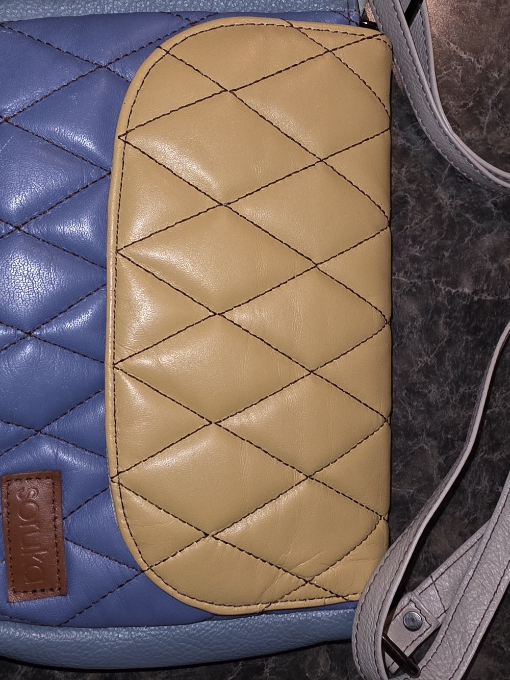 Soruka Leather Quilted Two-Tone Crossbody Bag in Blue and Mustard